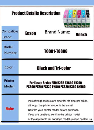 Vilaxh T0801 - T0806 Refillable Ink Cartridge For Epson Stylus P50 R265 PX650 PX700 PX800 PX710 PX720 PX810 PX820 R360 RX560