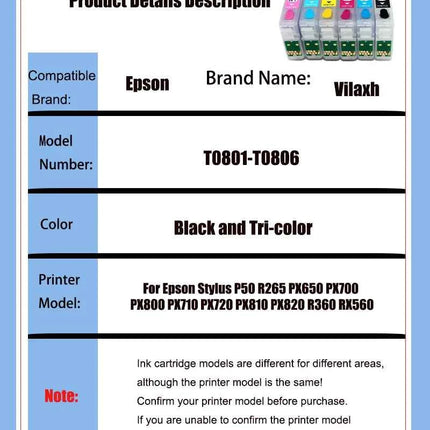 Vilaxh T0801 - T0806 Refillable Ink Cartridge For Epson Stylus P50 R265 PX650 PX700 PX800 PX710 PX720 PX810 PX820 R360 RX560