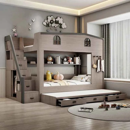 Bunk bed kids with Drawer storage loft double bed Climbing stairs full frames Queen Wooden literas de 2 camas bedroom furniture