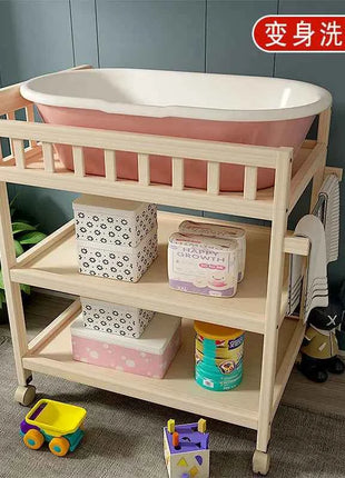 Baby Solid Wood Diaper Changing Table Multi-functional Bathing Massage Touching and Nursing Table for Newborns Movable