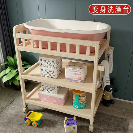 Baby Solid Wood Diaper Changing Table Multi-functional Bathing Massage Touching and Nursing Table for Newborns Movable