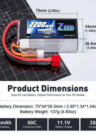 2pcs Zeee 3S 2200mAh Shorty Lipo Battery 11.1V 50C with T/XT60 Plug for RC Car Truck Drone Airplane FPV RC Hobby Models Parts