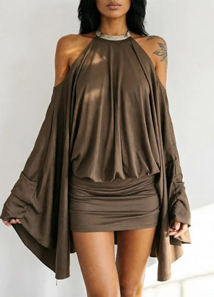 Mini Abito Sexy da Donna con Maniche a Pipistrello e Schiena Scoperta, Elegante Vestito Aderente con Spalle Scoperte e Pieghe sui Fianchi, Vestito Slim 2026 per Feste e Club