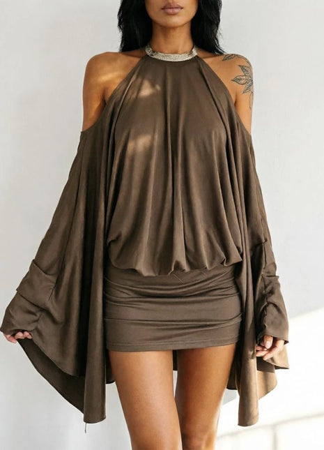 Mini Abito Sexy da Donna con Maniche a Pipistrello e Schiena Scoperta, Elegante Vestito Aderente con Spalle Scoperte e Pieghe sui Fianchi, Vestito Slim 2026 per Feste e Club