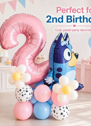 Set di Palloncini per il 2° Compleanno di Bluey, Palloncino in Foil Numero 2 Rosa, Decorazioni per Feste con Cane Blu, Fiori e Zampe, Kit per Sfondo Fotografico per Bambini