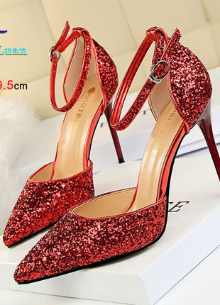 Sandali da Donna con Paillettes 2025, 9.5cm 7.5cm, Fibbia alla Caviglia, Tacco a Spillo per Matrimonio, Nuove Scarpe Classiche con Tacco Alto, Taglie 34-40