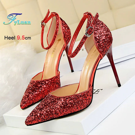 Sandali da Donna con Paillettes 2025, 9.5cm 7.5cm, Fibbia alla Caviglia, Tacco a Spillo per Matrimonio, Nuove Scarpe Classiche con Tacco Alto, Taglie 34-40
