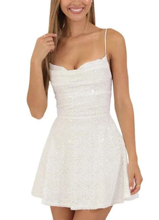 Abito da donna con paillettes lucide senza maniche, senza schienale, con spalline, aderente, mini abito da donna alla moda, abito da festa a trapezio per cocktail streetwear