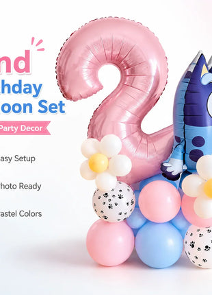 Set di Palloncini per il 2° Compleanno di Bluey, Palloncino in Foil Numero 2 Rosa, Decorazioni per Feste con Cane Blu, Fiori e Zampe, Kit per Sfondo Fotografico per Bambini