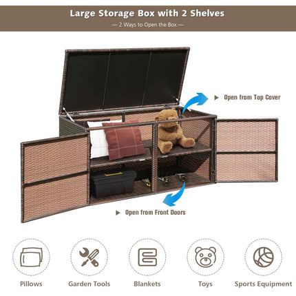 335L Patio Rattan Storage Box, Outdoor All-weather Wicker Pool Storage Container with Lid & 2 Shelves, Garden Storage Bin