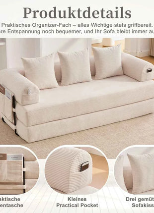 Folding Compression Sofa with Metal Frame, Side Pockets Plus 3 Pillows. Freely Configurable. Modern Metal-fabric Combination