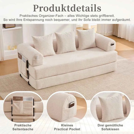 Folding Compression Sofa with Metal Frame, Side Pockets Plus 3 Pillows. Freely Configurable. Modern Metal-fabric Combination