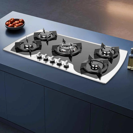 Al-alloy Gas Cooktop with 5 Burners with Tempered Glass Built-in Installation for Domestic or Commercial Cooking