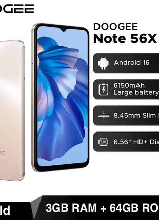 DOOGEE Note56 X 5G Mobile Phone 8.45mm Slim Body 6.56" 90Hz Screen Android 16 6150mAh Battery Al Scene Recognition Smartphone