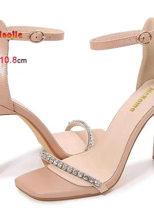 New Fashion strass una parola cinturino scarpe a spillo 10.8 cm tacchi altissimi sandali da donna testa quadrata sandali eleganti di colore nudo