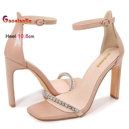 New Fashion strass una parola cinturino scarpe a spillo 10.8 cm tacchi altissimi sandali da donna testa quadrata sandali eleganti di colore nudo