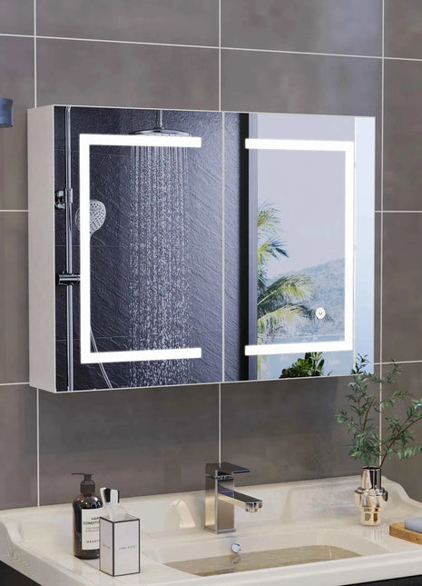 Rosahqnda anti-fog bathroom mirror cabinet with LED lighting, height adjustable shelves, 3 color temperature dimmable