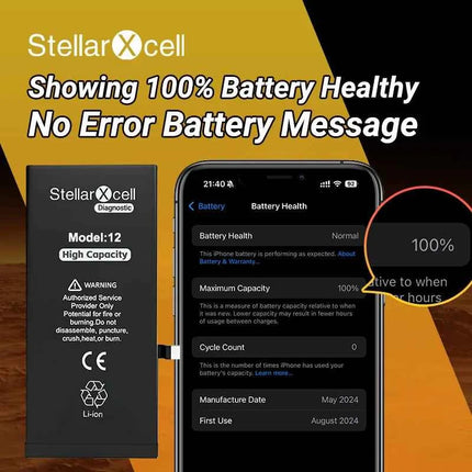 StellarXcell Diagnostic Battery show genuine part no pop up message for iphone 12mini 13Pro 14Plus 15Promax battery replacement