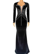 2025 Elegante abito da festa lungo in velluto con diamanti per donna Abito da sera sexy con scollo a V profondo Abito formale nero sottile