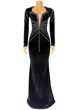 2025 Elegante abito da festa lungo in velluto con diamanti per donna Abito da sera sexy con scollo a V profondo Abito formale nero sottile