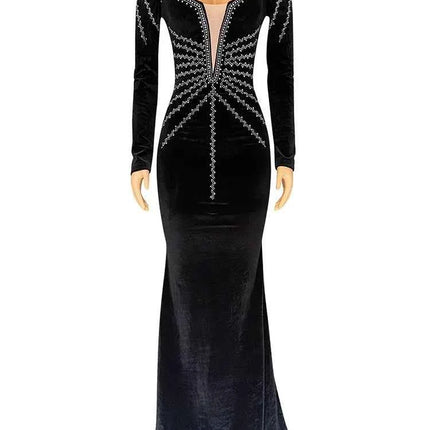 2025 Elegante abito da festa lungo in velluto con diamanti per donna Abito da sera sexy con scollo a V profondo Abito formale nero sottile