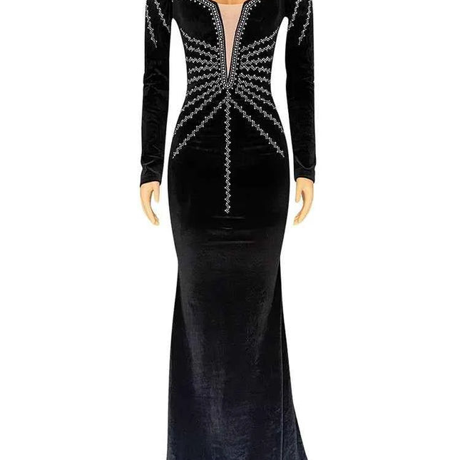 2025 Elegante abito da festa lungo in velluto con diamanti per donna Abito da sera sexy con scollo a V profondo Abito formale nero sottile