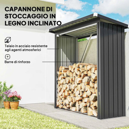 Outsunny Outdoor Log, Outdoor Woodshed in Galvanized Steel, Wooden House Shed with Raised Base and Tilted Roof, Fast Mounted, 0.77m ², 150x66.5x150 cm, Dark Grey