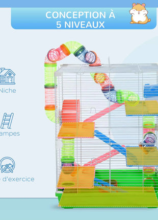 Pawut Cage for hamster and gerbil 5-stage, secure metal fence habitat with tunnels, wheel, house and lashers,