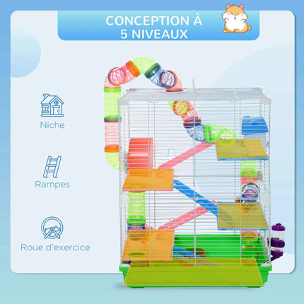 Pawut Cage for hamster and gerbil 5-stage, secure metal fence habitat with tunnels, wheel, house and lashers,