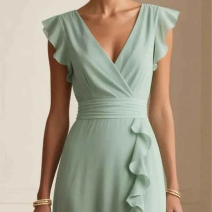Abito lungo da donna elegante in tinta unita con volant senza maniche sexy con scollo a V Abiti lunghi da sera per feste da donna bohémien alla moda