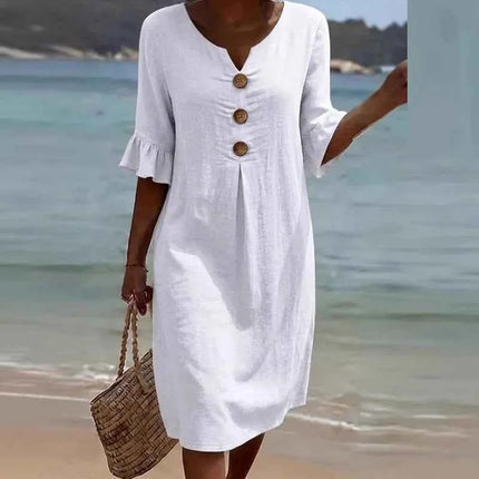 Abito Midi Vintage in Cotone e Lino da Donna, Collezione Primavera 2026, Casual con Scollo a V e Bottoni, Elegante con Maniche a Volant, Vestito da Festa a Trapezio