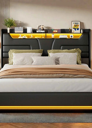 Rosahqnda Upholstered Bed 140/160 x 200 cm with LED Headboard,Hydraulic Storage Space and Metal Frame,Youth Bed,PU