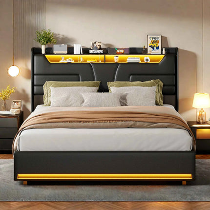 Rosahqnda Upholstered Bed 140/160 x 200 cm with LED Headboard,Hydraulic Storage Space and Metal Frame,Youth Bed,PU