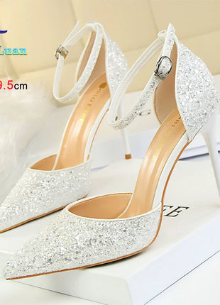 Sandali da Donna con Paillettes 2025, 9.5cm 7.5cm, Fibbia alla Caviglia, Tacco a Spillo per Matrimonio, Nuove Scarpe Classiche con Tacco Alto, Taglie 34-40