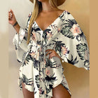 Abito da donna con stampa sexy scollo a V manica a pipistrello con volant fiori stampa Bohemian Beach vestito estivo da donna mini abiti larghi per le vacanze estive