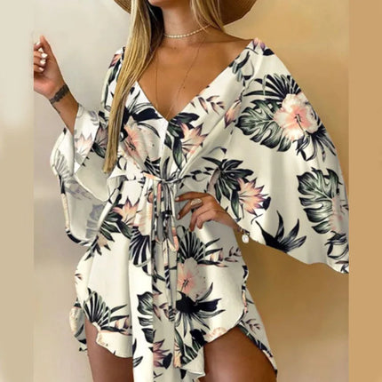 Abito da donna con stampa sexy scollo a V manica a pipistrello con volant fiori stampa Bohemian Beach vestito estivo da donna mini abiti larghi per le vacanze estive