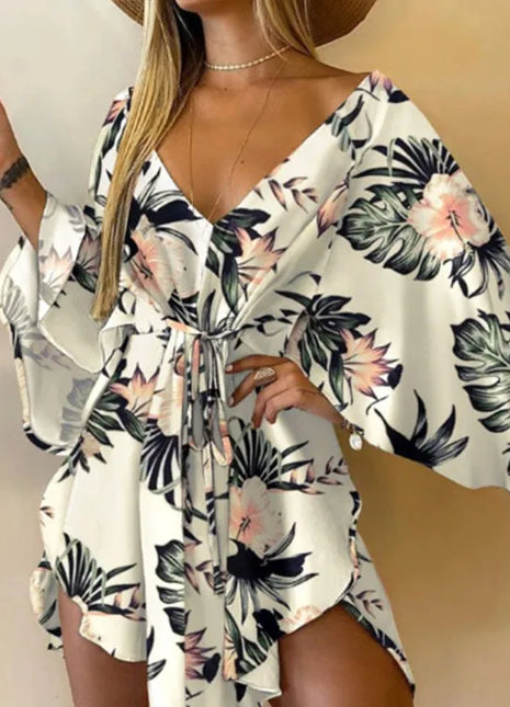 Abito da donna con stampa sexy scollo a V manica a pipistrello con volant fiori stampa Bohemian Beach vestito estivo da donna mini abiti larghi per le vacanze estive