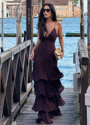 Elegant Solid Ruffled Sling Dress for Women Fashion Sleeveless Backless Party Maxi Dresses 2025 New Female Vacation Robes Street