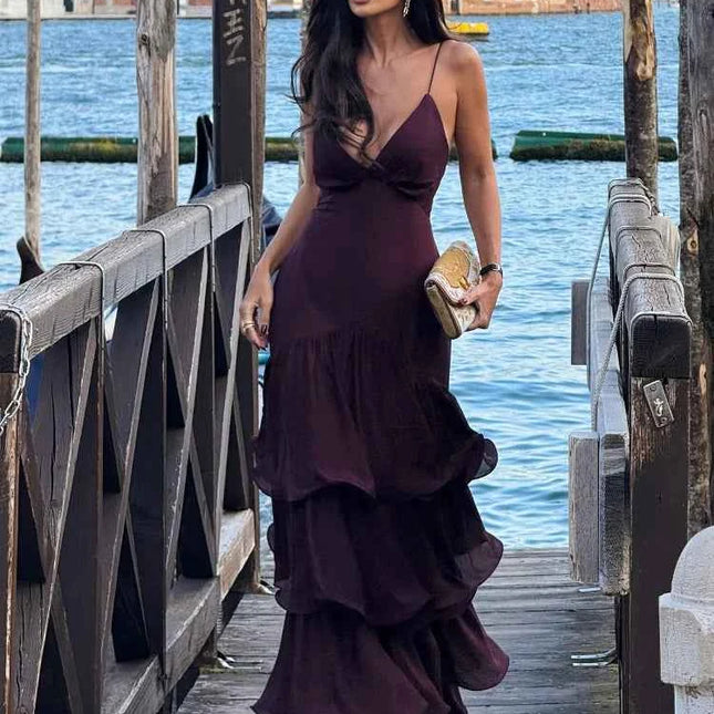 Elegant Solid Ruffled Sling Dress for Women Fashion Sleeveless Backless Party Maxi Dresses 2025 New Female Vacation Robes Street
