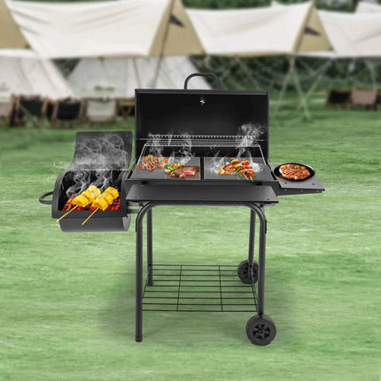 Freestanding Charcoal Grills Family Size Barbecue Smoker with Side Table, Wheels ＆ Food Shelves--147*70*126cm