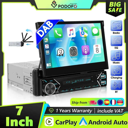 Podofo 1DIN Electric Retractable Car Radio Wireless CarPlay Android Auto  Mirror Link Car Multimedia Player DAB FM USB Type-C