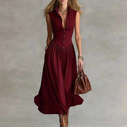 Abito lungo estivo da donna 2026 senza maniche, sexy, con bottoni e risvolto, a vita alta, stile bohémien, arricciato, tinta unita, per vacanze