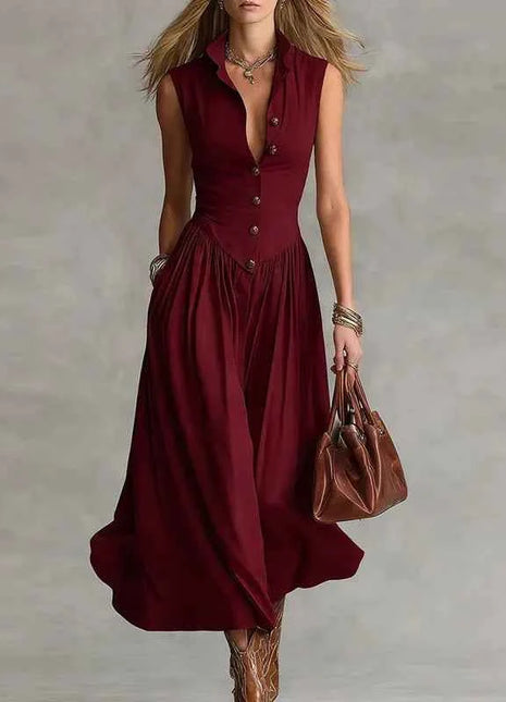 Abito lungo estivo da donna 2026 senza maniche, sexy, con bottoni e risvolto, a vita alta, stile bohémien, arricciato, tinta unita, per vacanze