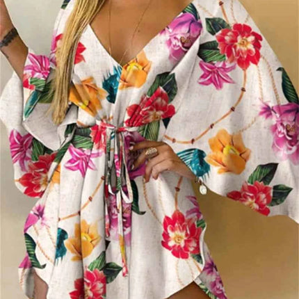 Abito da donna con stampa sexy scollo a V manica a pipistrello con volant fiori stampa Bohemian Beach vestito estivo da donna mini abiti larghi per le vacanze estive