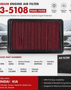 Filtro Aria 33-5108 WA11090 per Hyundai Sonata Tucson Santa Fe Santa Cruz Kia Carnival K5 Sorento, Elemento Filtrante Aria Motore