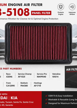 Filtro Aria 33-5108 WA11090 per Hyundai Sonata Tucson Santa Fe Santa Cruz Kia Carnival K5 Sorento, Elemento Filtrante Aria Motore