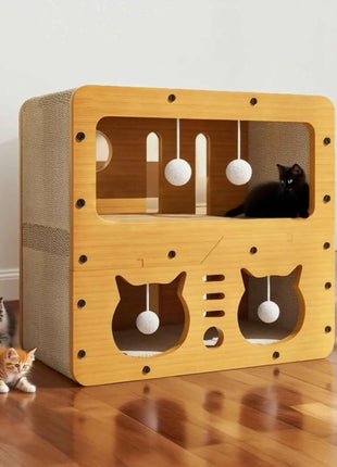 Large Cat House with Scratching Board Indoor Cat Shelter for Resting and Playing Easy Assembly Suitable for Multi-cat Families