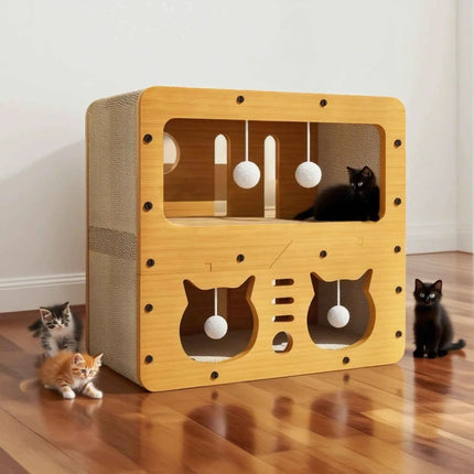 Large Cat House with Scratching Board Indoor Cat Shelter for Resting and Playing Easy Assembly Suitable for Multi-cat Families