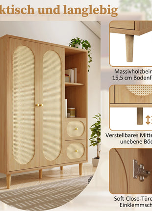 Armadio in legno di quercia stile rustico 161x120x44cm – 2 ante, 2 cassetti, ripiani aperti e asta appendiabiti – Design classico per camera da letto o corridoio – Ampio spazio per vestiti, biancheria e accessori – Co