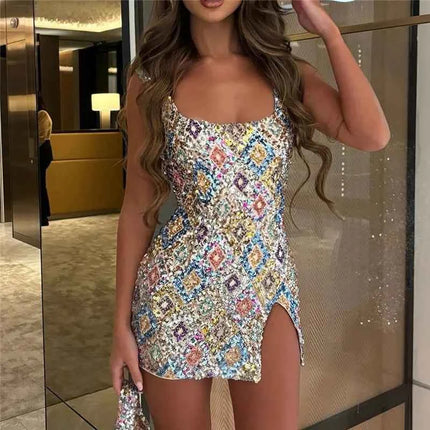 Colorful Diamond Pattern Sequin Slit Sexy Dress Women Elegant Party Club Dress Backless Mini Summer Dress Luxury Vestidos